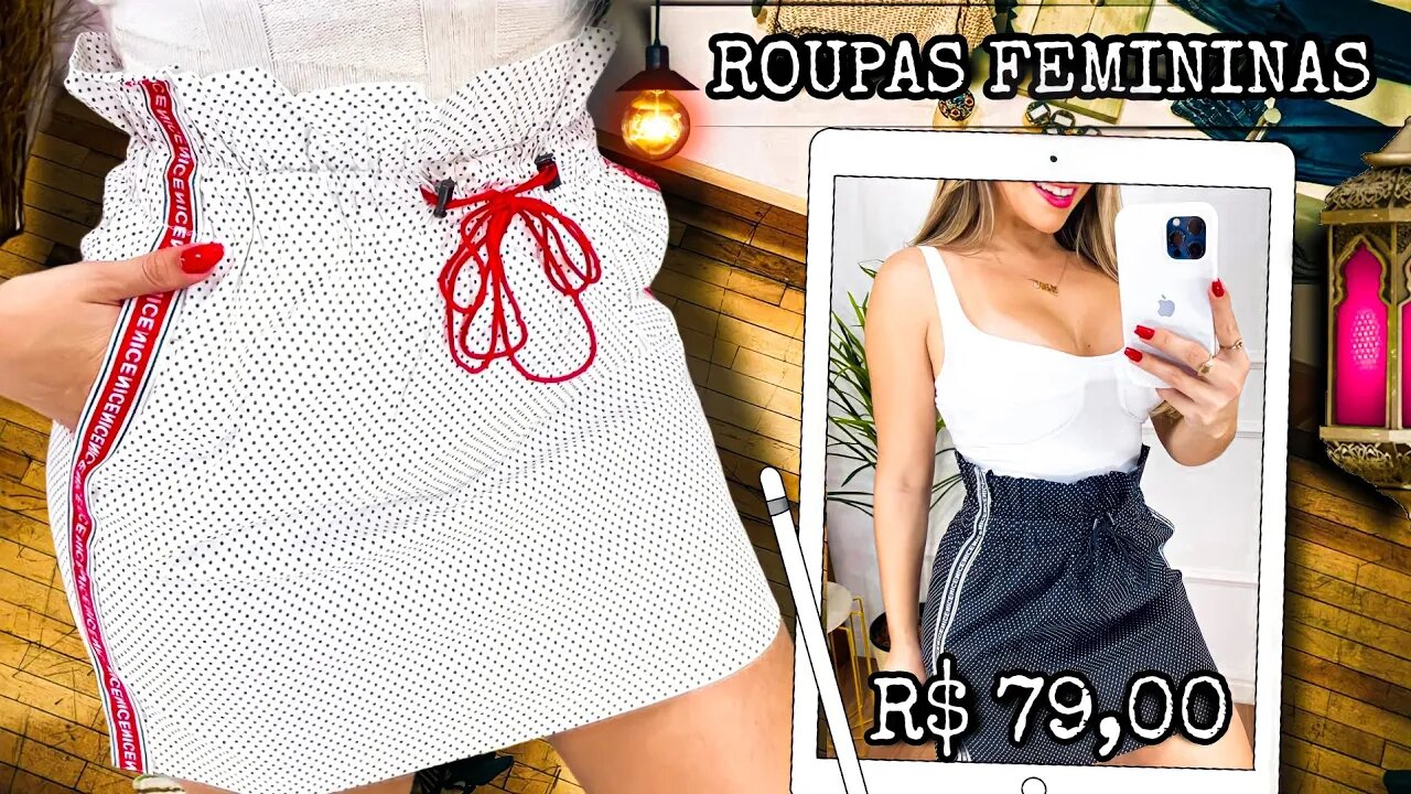 Roupas Femininas/ saía/ Estampa/ Bolinha/ Babado/ Elástico/ sarja/ Listras/