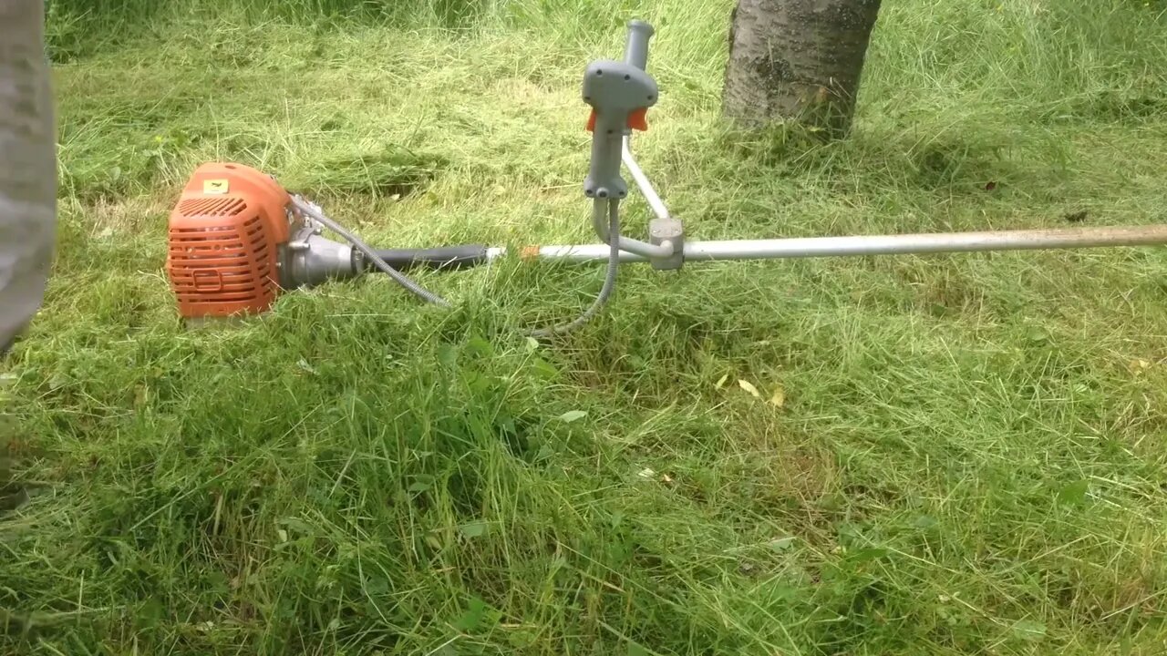 The proper cutting of weeds with a Chinese-made bush cutter in a field with dense trees