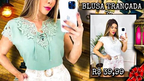 Blusa Feminina/ Blusinha Manga Curta/ com renda Trançada/ Shopee