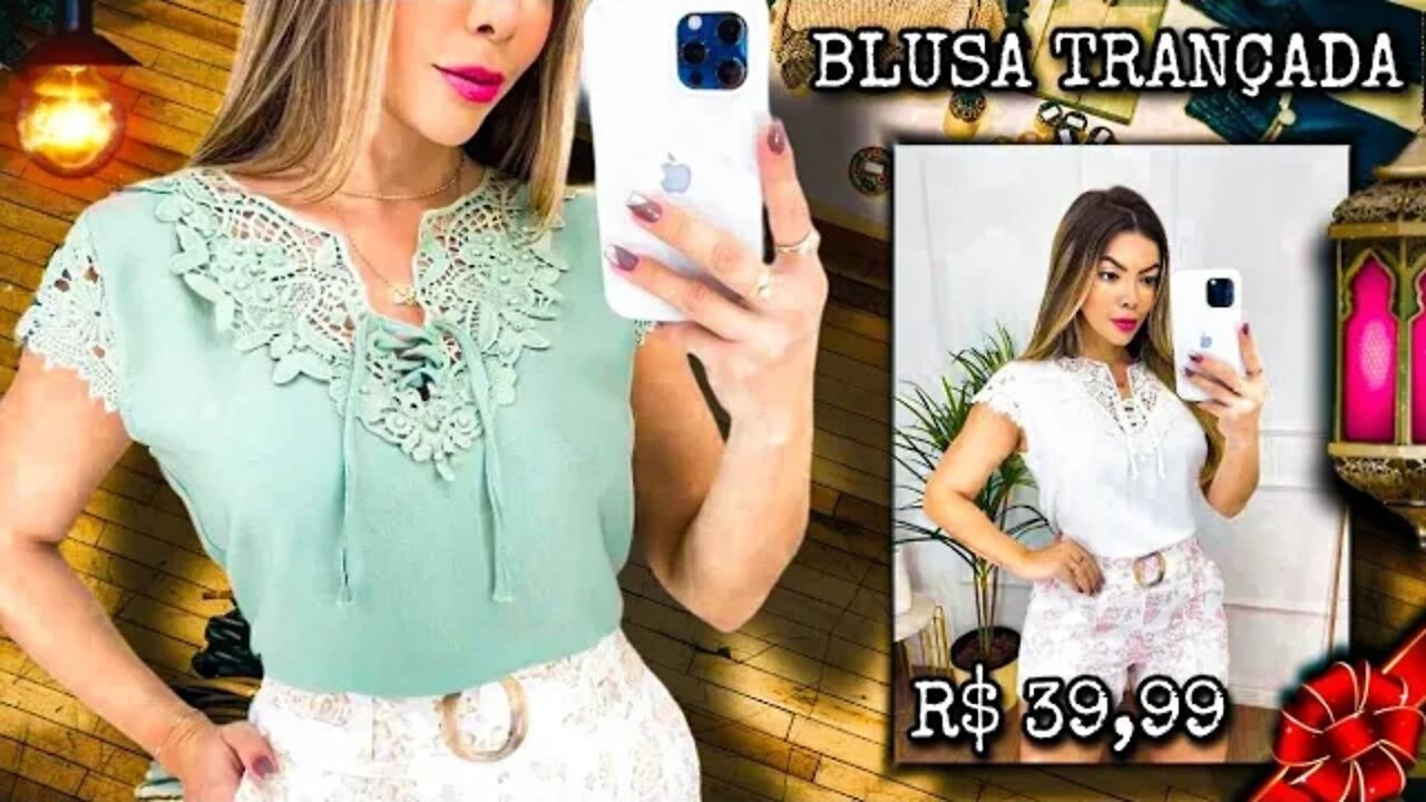 Blusa Feminina/ Blusinha Manga Curta/ com renda Trançada/ Shopee