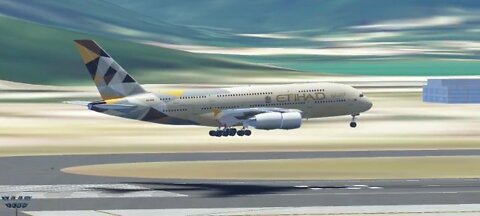 Airbus A380 Etihad Airways landing with cross wind