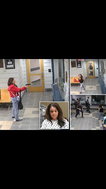 Former Connecticut state worker Suzanne Laprise fires rounds at glass inside police station