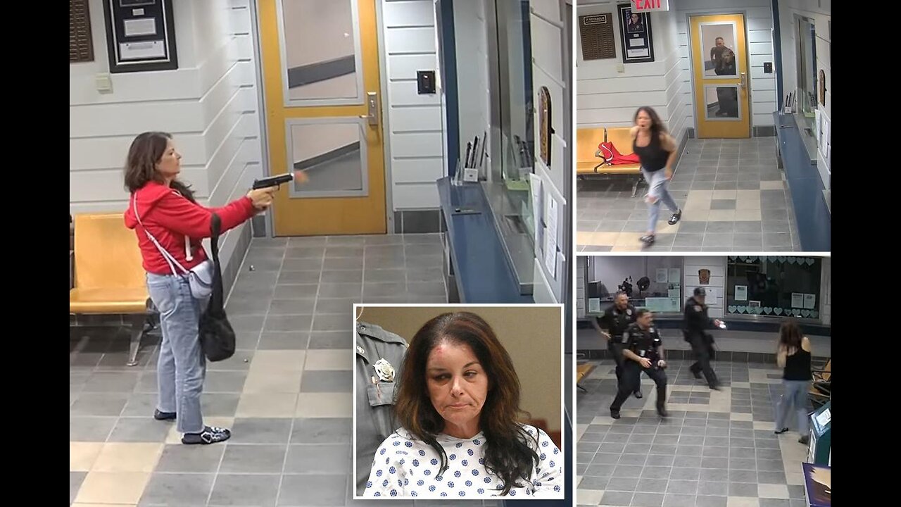 Former Connecticut state worker Suzanne Laprise fires rounds at glass inside police station