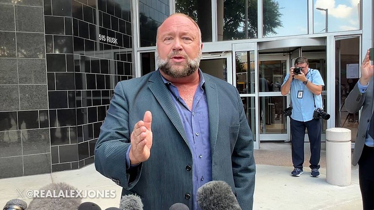 Alex Jones Gives Press Conference At Federal Courthouse in Houston On Hearing To Close Infowars