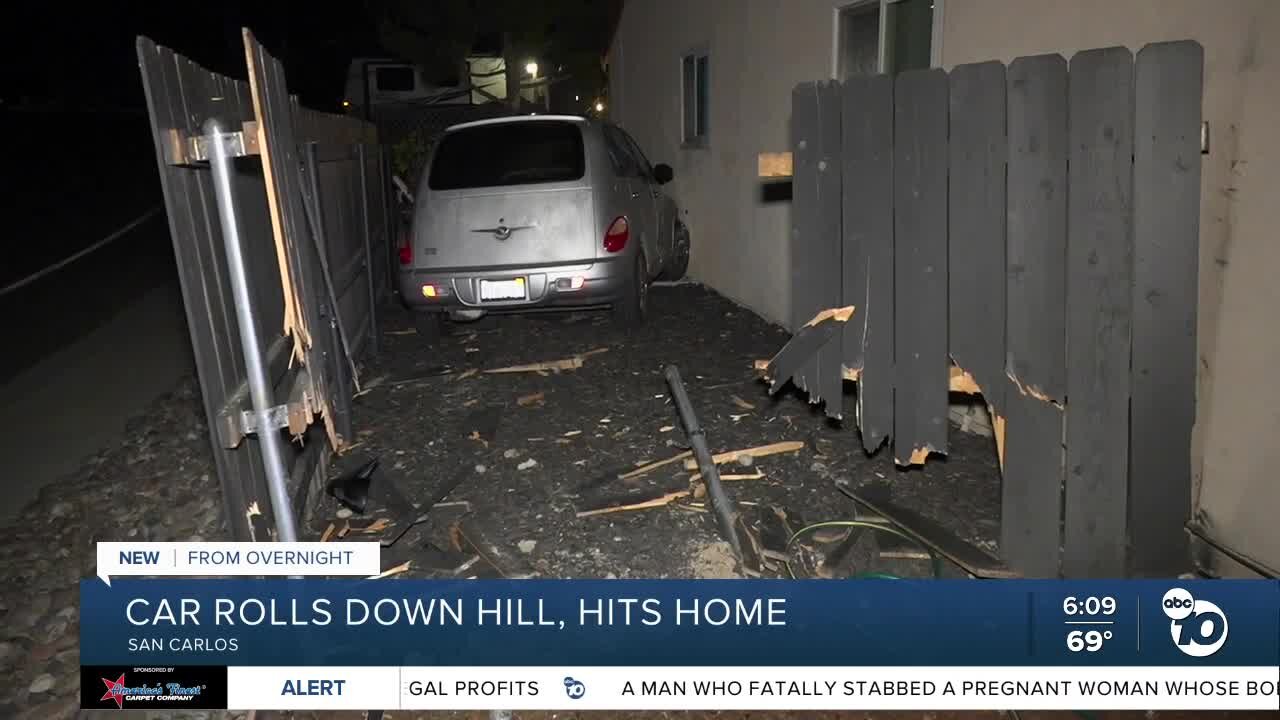 Car rolls down hill, hits side of house in San Carlos