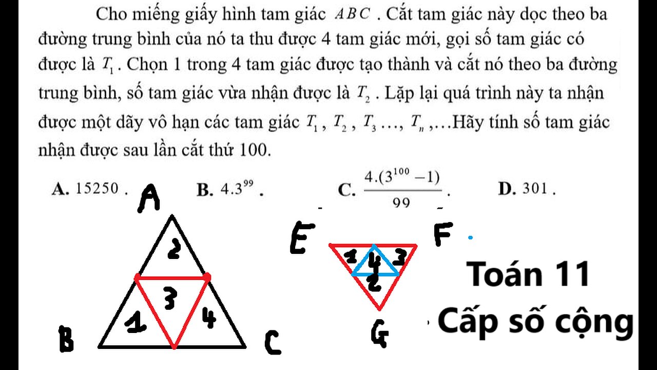 Toán 11: Cho miếng giấy hình tam giác ABC . Cắt tam giác này dọc theo ba đường trung bình