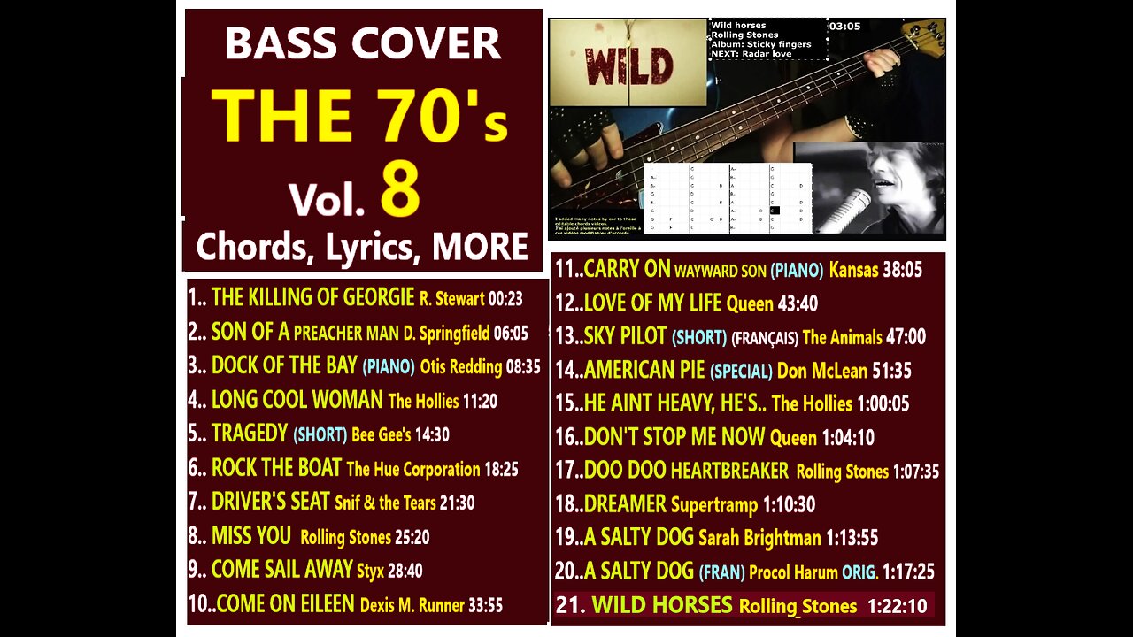 Bass cover THE 70's Vol. 8 __ Chords, Lyrics, MORE