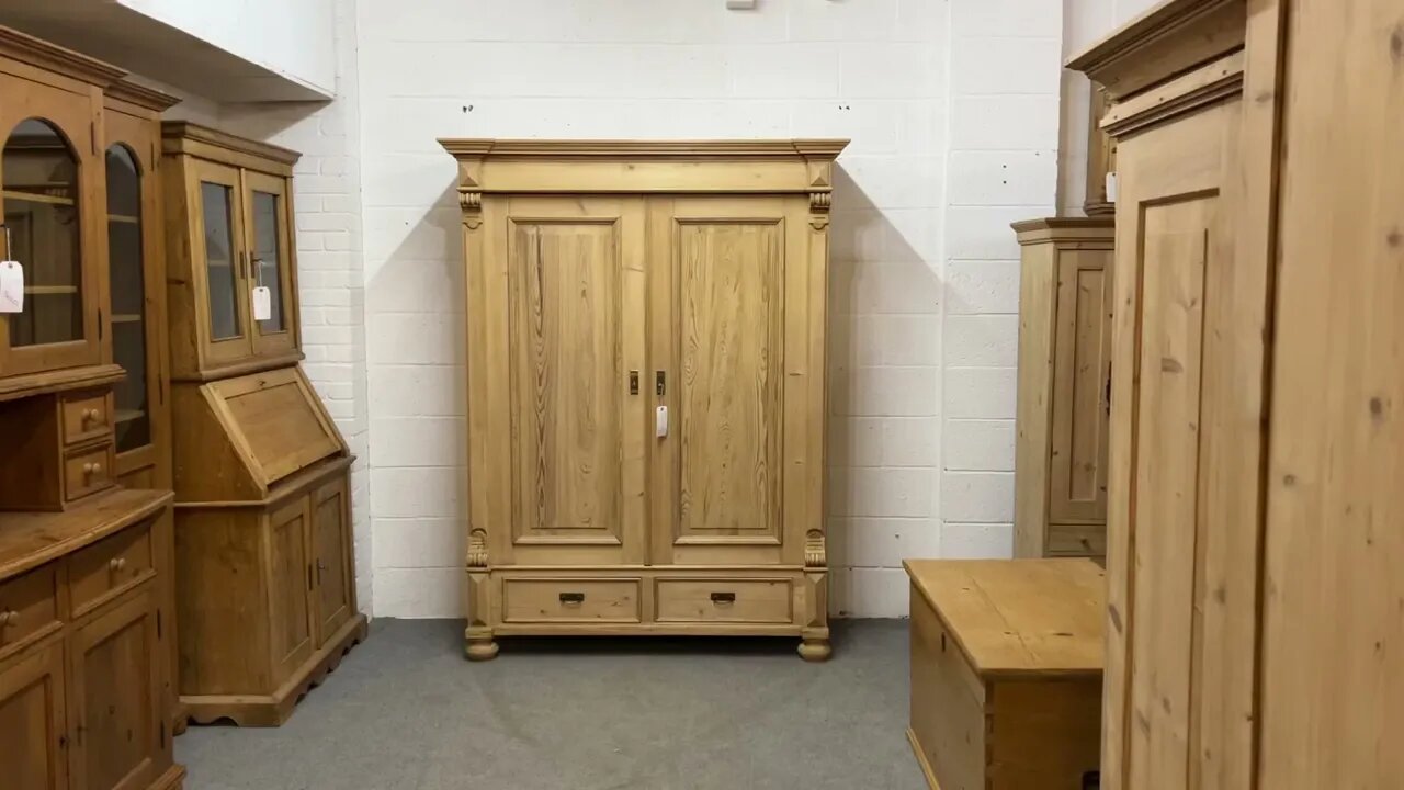 Large Double Antique Pine Wardrobe With Bottom Drawers (Dismantles) (Y4800G) @PinefindersCoUk