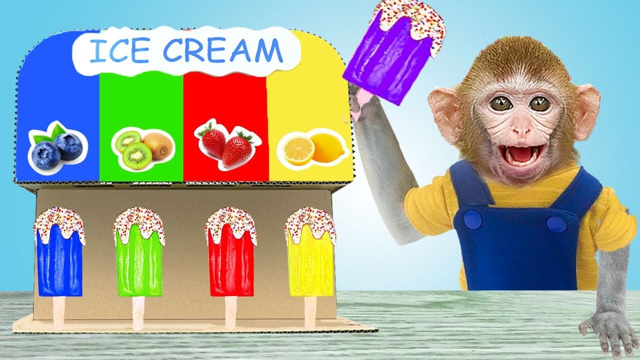 Baby Monkey Kiki's Playtime with a Colorful Ice Cream Vending Machine