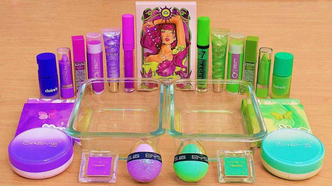 Purple vs Green Slime ASMR - Mixing Makeup Eyeshadow Into Satisfying Slime