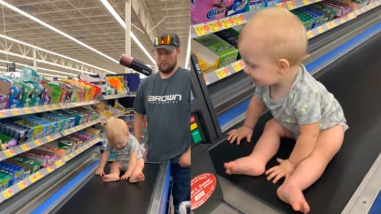 Baby Rides Grocery Conveyer Belt