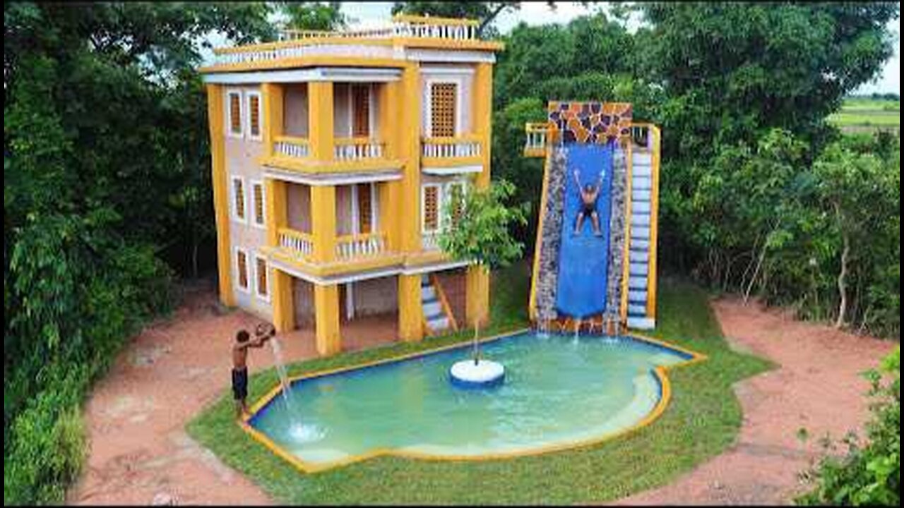 Build Creative 4-Story Villa House With Décor Private Living Room, Water Slide Park & Swimming Pool