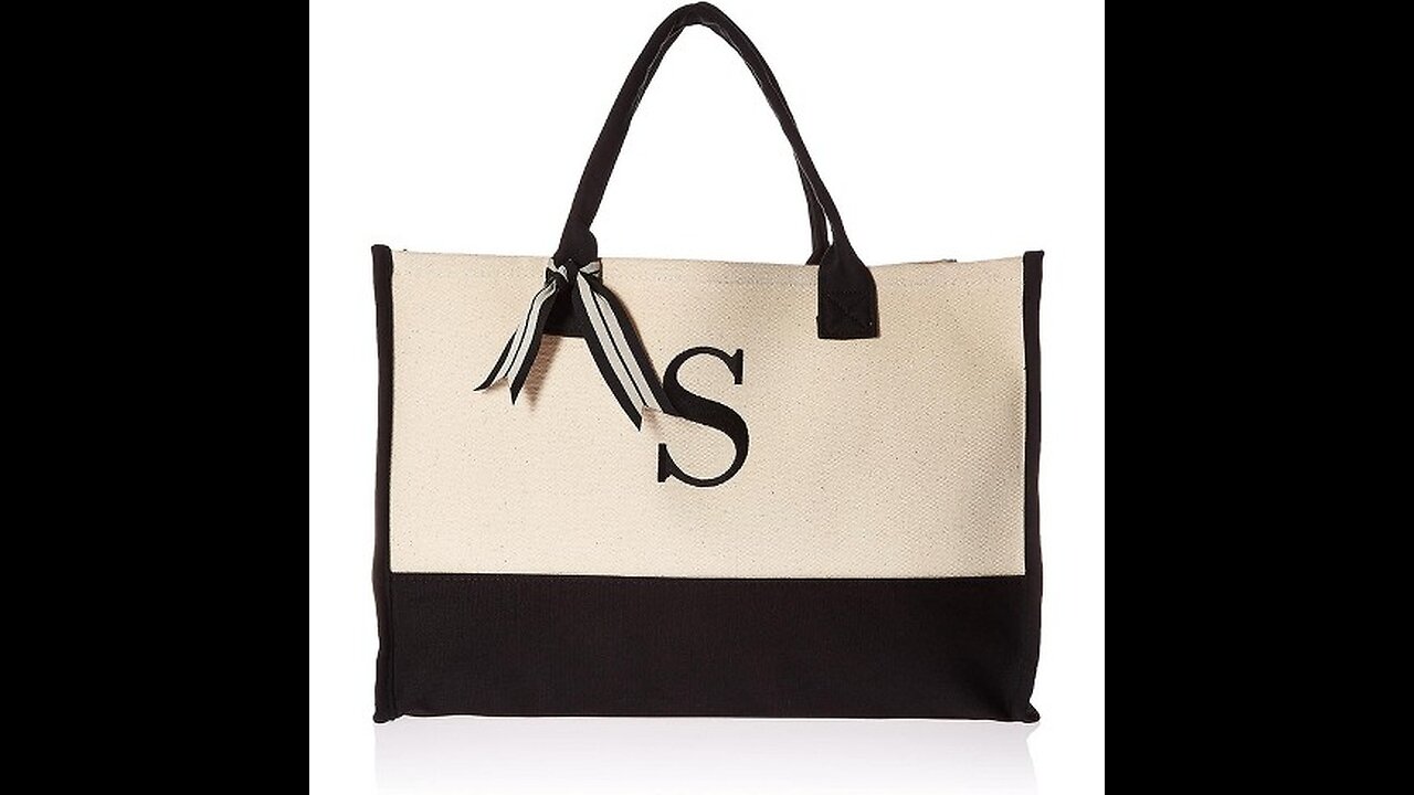 Mud Pie Classic Black and White Initial Canvas Tote Bags (R), 100% Cotton, 17" x 19" x 2"