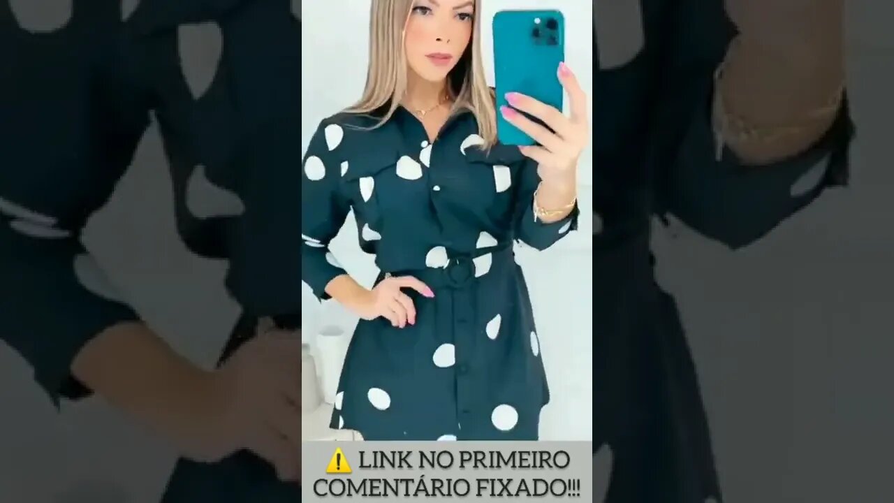 Vestido Manga Longa Estampado Bolinhas Com Cinto Fechamento Botões/ Shopee