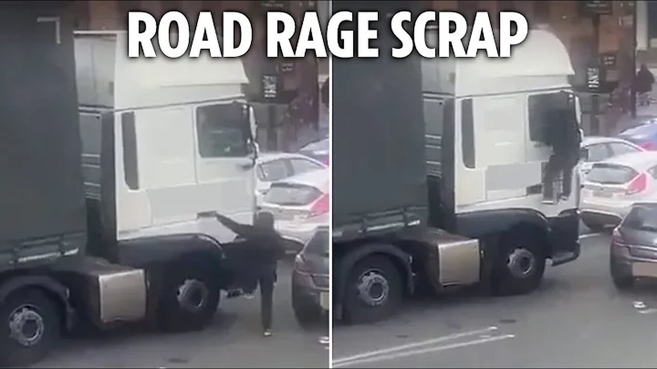 Shocking moment thug climbs INTO lorry through window to attack driver in ugly brawl