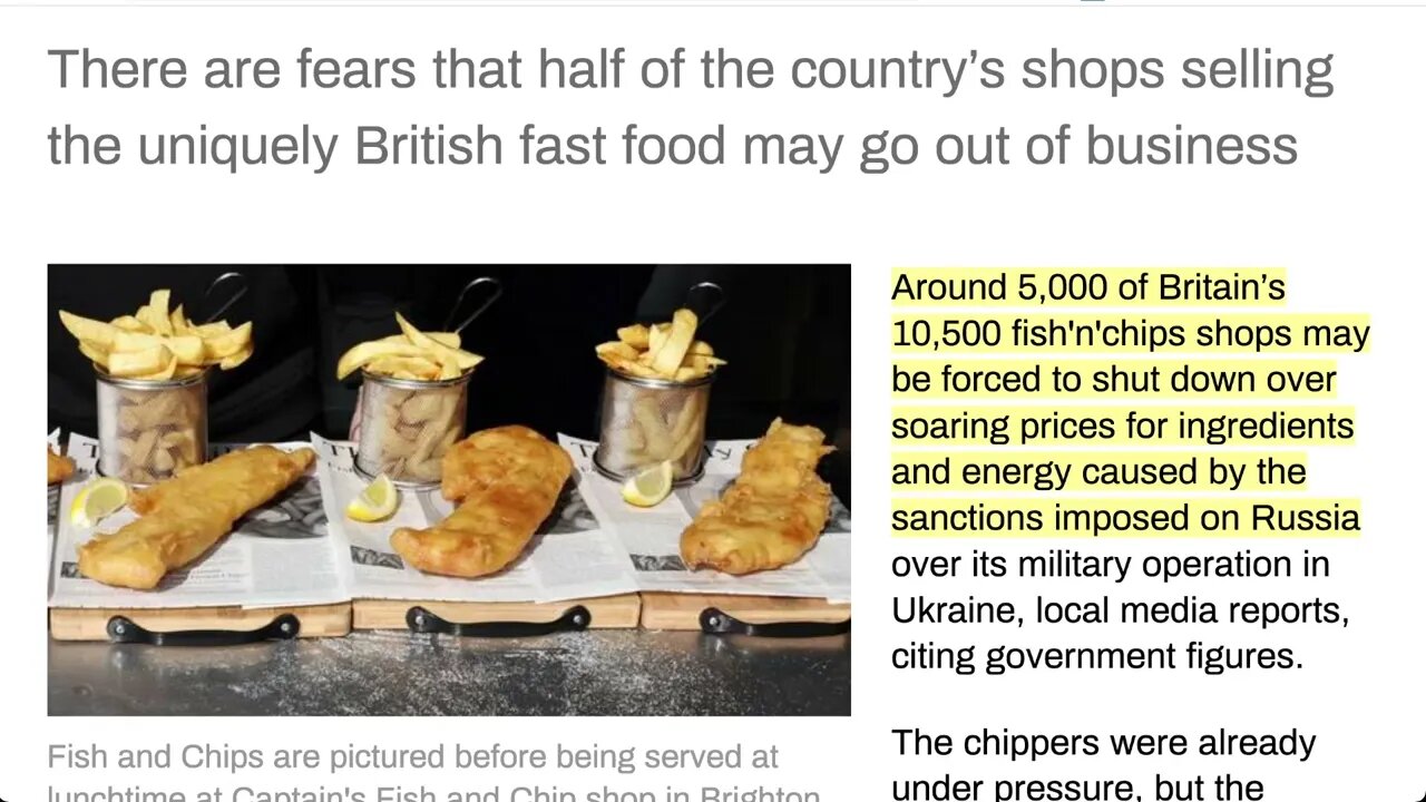 由於對俄羅斯實施制裁導致原料和能源價格飆升，英國 10,500 家炸魚薯條店中約有 5,000 家可能被迫關閉
