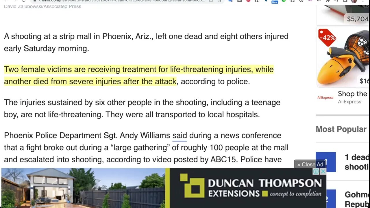 週六凌晨，亞利桑那州鳳凰城一家露天購物中心發生槍擊事件，造成 1 人死亡、8 人受傷