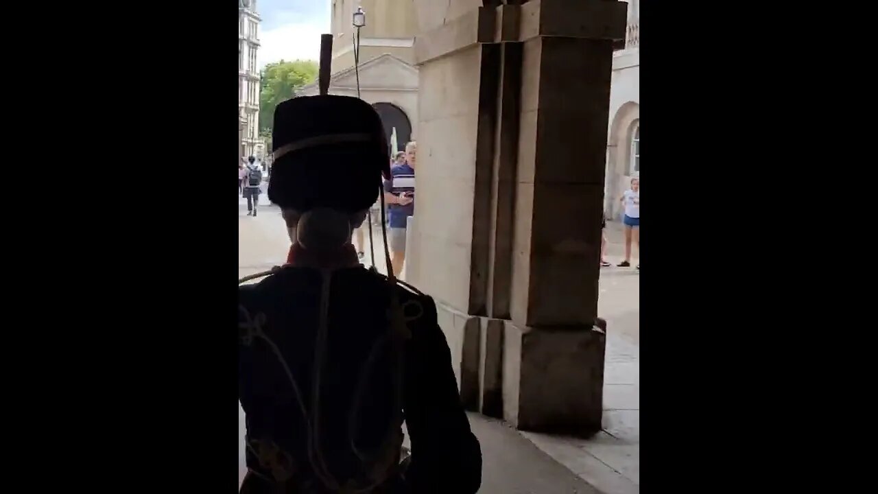 Tourist gets scared and runs behind husband #horseguardsparade