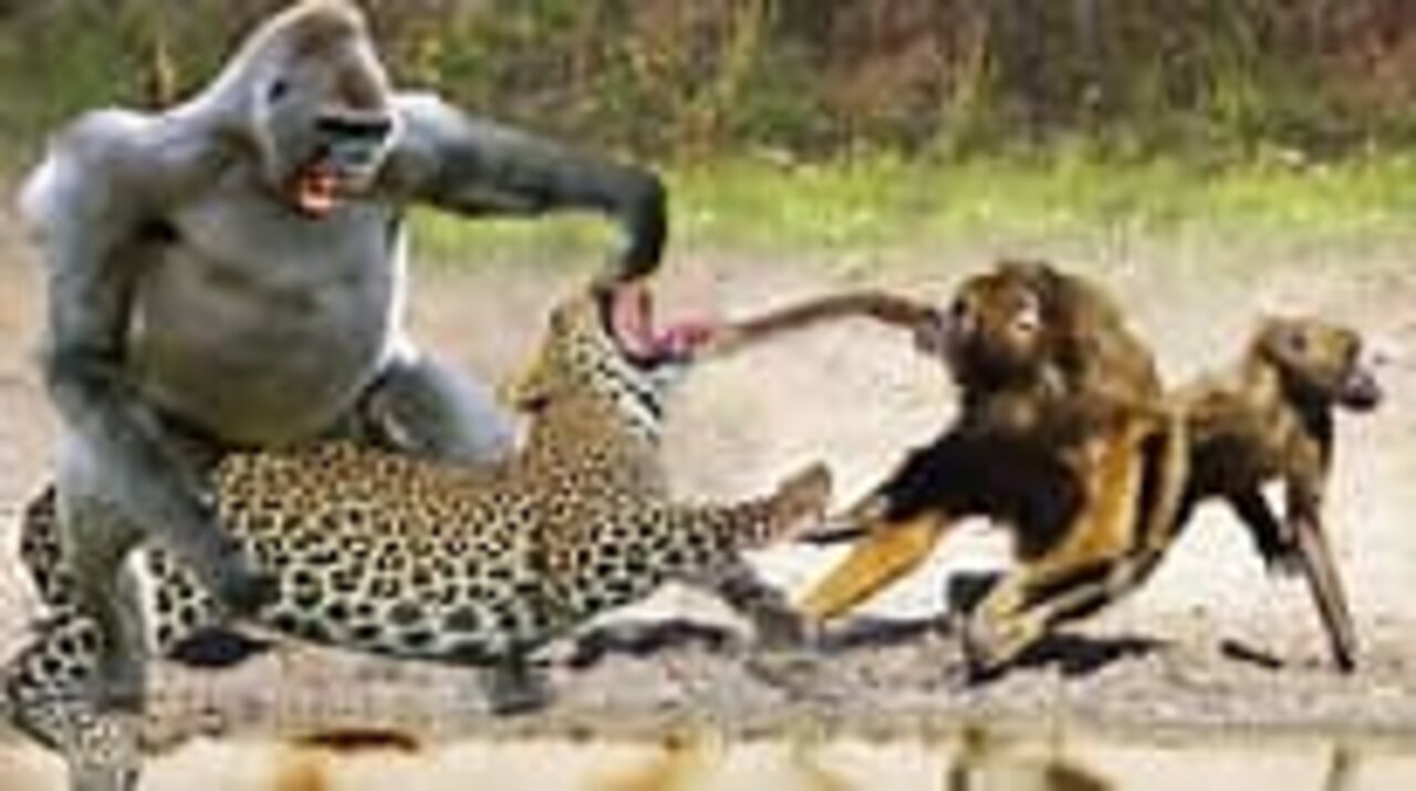 Incredible! Angry baboon mother tortures leopard to save her baby