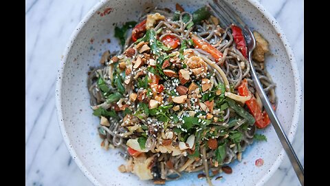 Spicy tofu tahini noodle salad