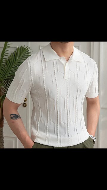 ANNUAL SALE! British Slim Lapel Knitted Striped Casual Polo Shirt Summer Jacquard