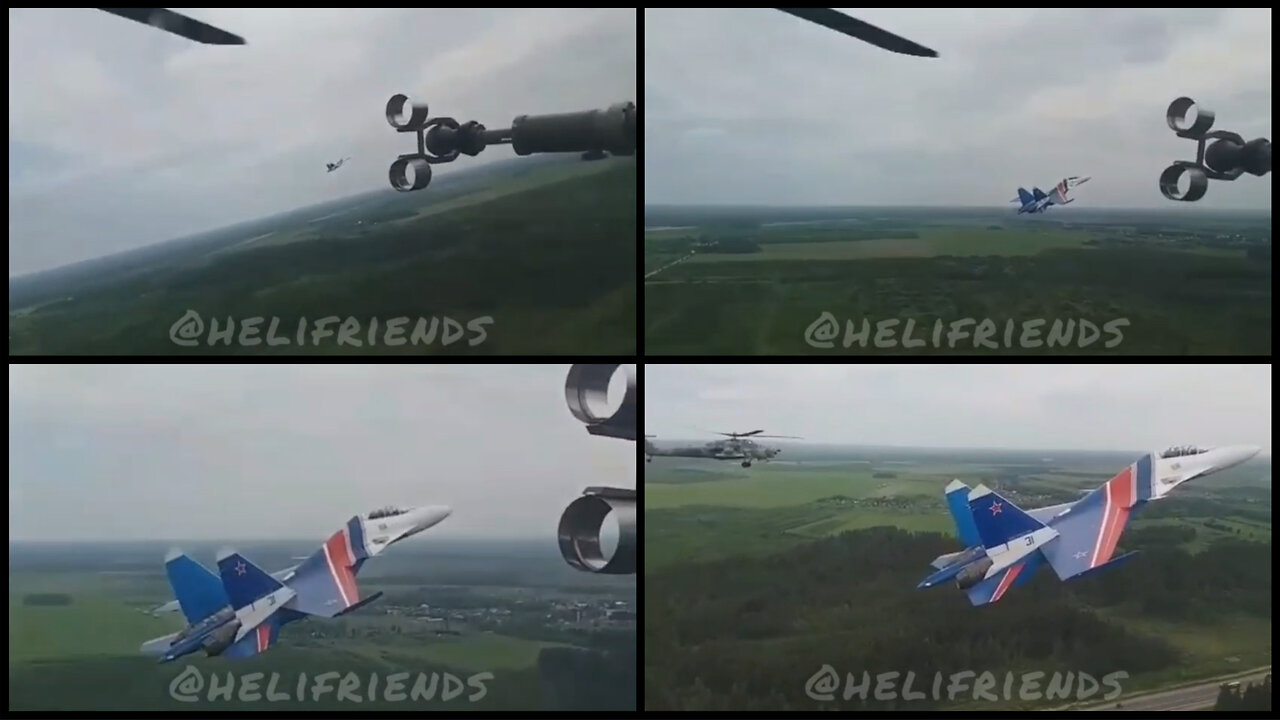 Russian Su-27 Flanker slowed down to greet the combat helicopters