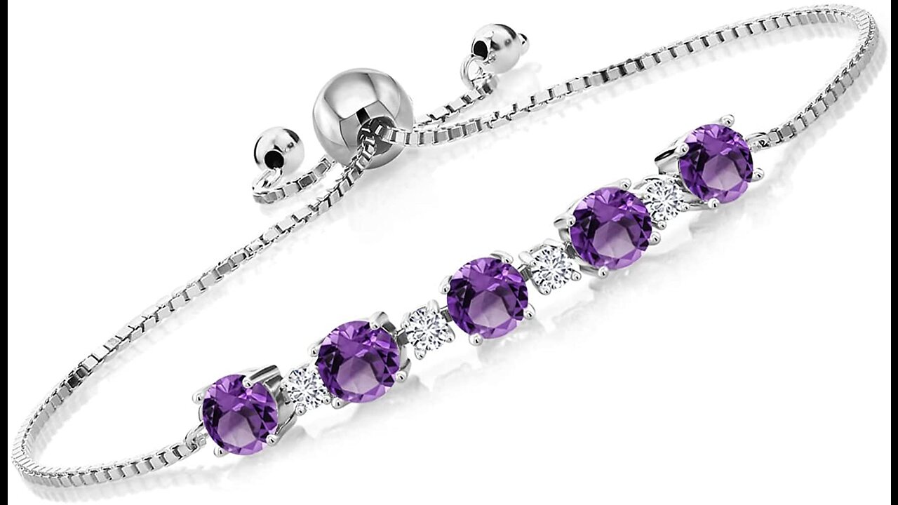 Gem Stone King 925 Sterling Silver Purple Amethyst and White Lab Grown Diamond Women Tennis Bra...