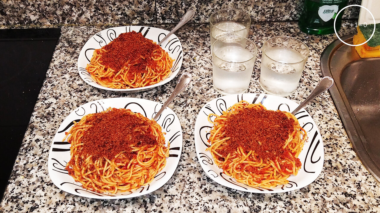 spaghetti with tomato sauce and toasted breadcrumbs · dialectical veganism of spring +10ME 006