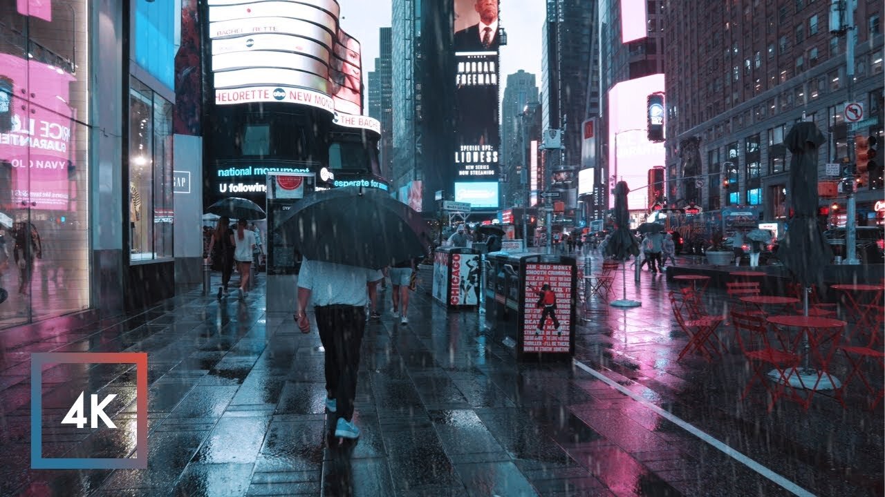 Walking In Thunderstorm In Manhattan, New York | Times Square Rain Ambience