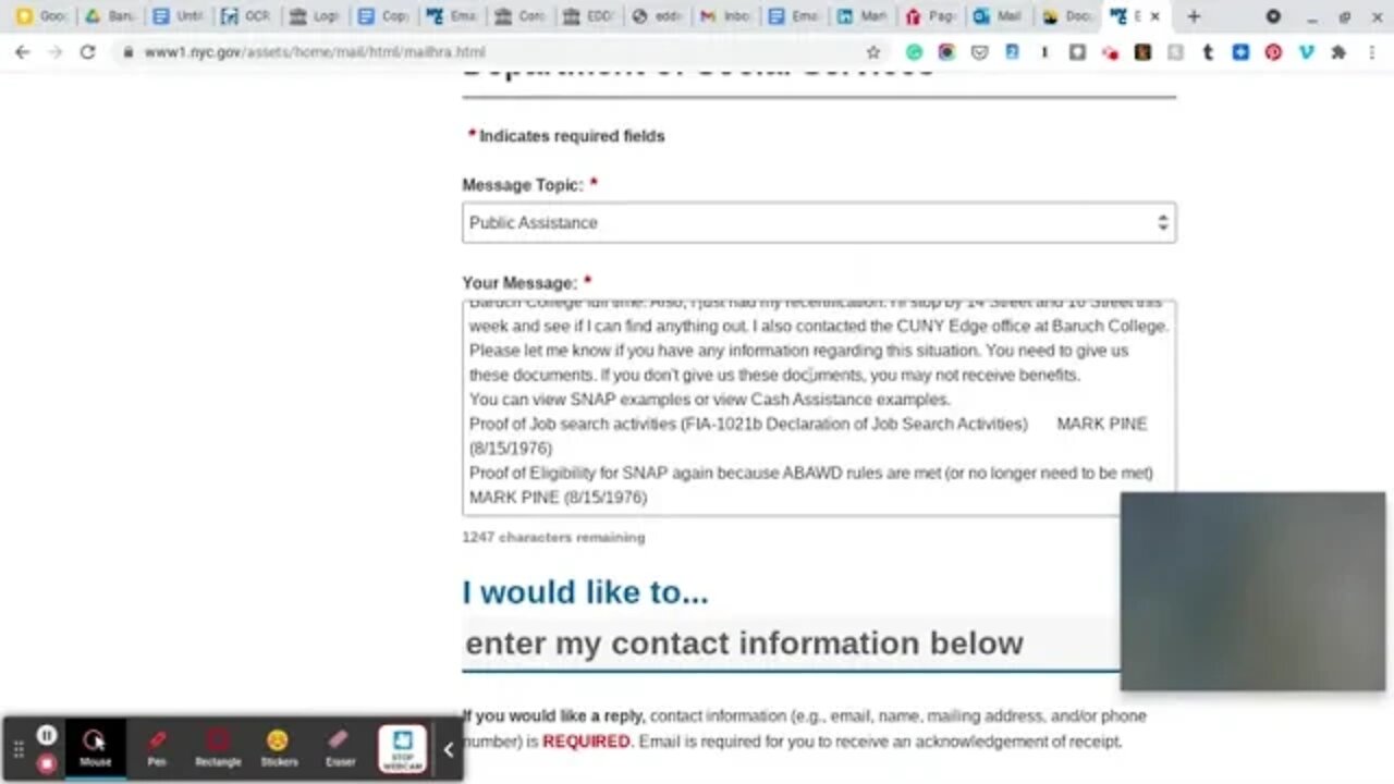 Email to HRA in New York City about a document request. July 25, 2021.