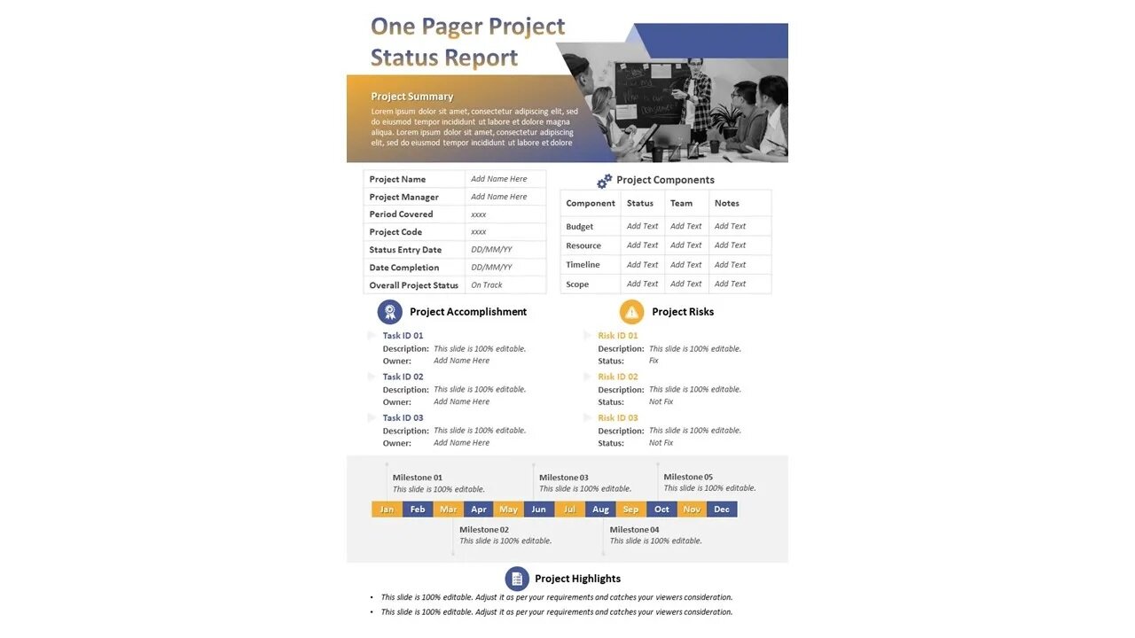 One Pager Project Status Report PowerPoint Template