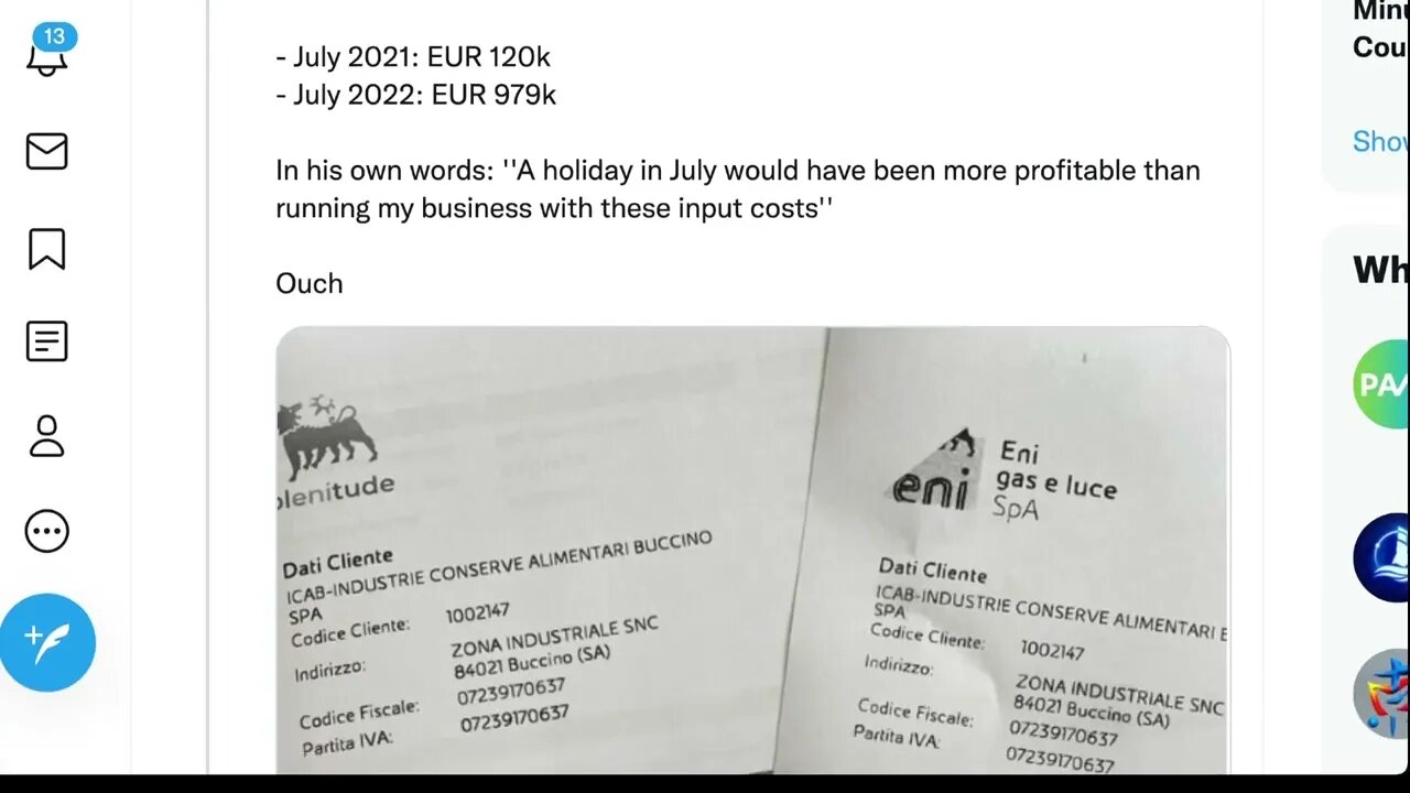 意大利南部一個企業2021年7月的電和天然氣費用，和2022年7月的比較，增幅八倍