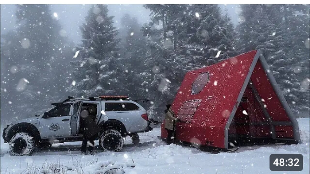 Camping in the warm Tent with the stove in the snow #