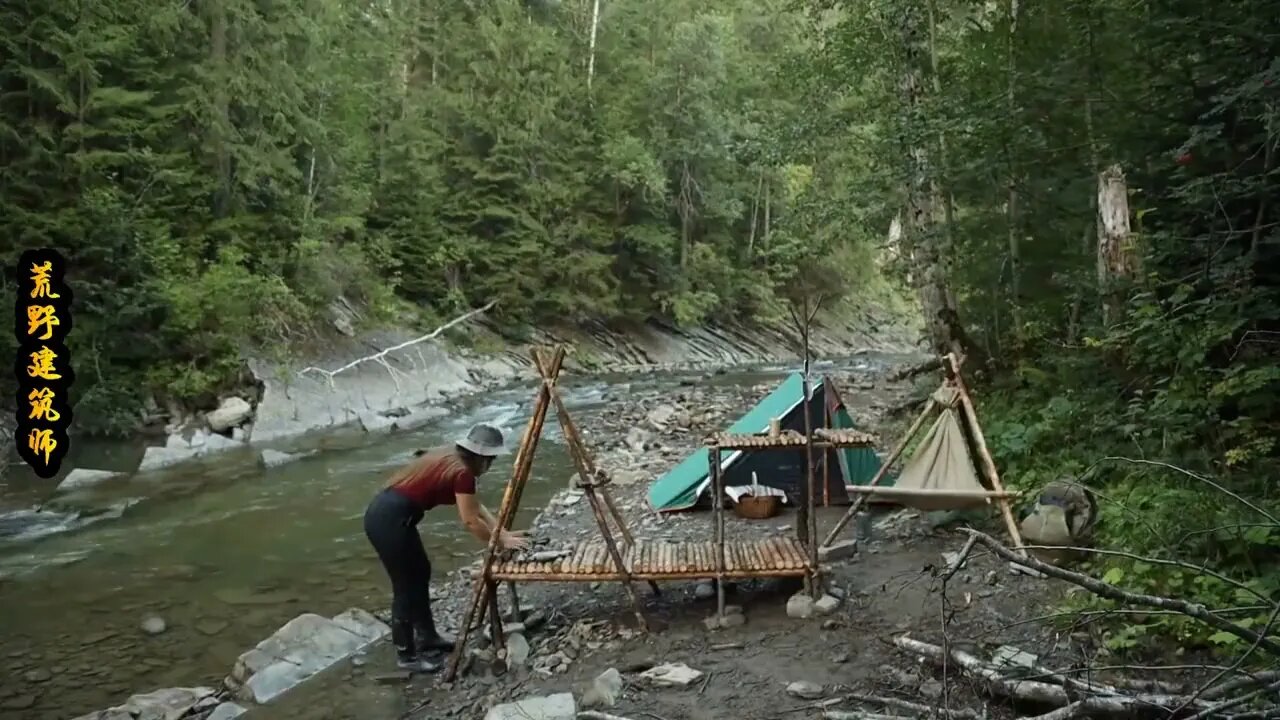 13-- Camping in the forest. The tent was set up on the river. It was much more comfortable.