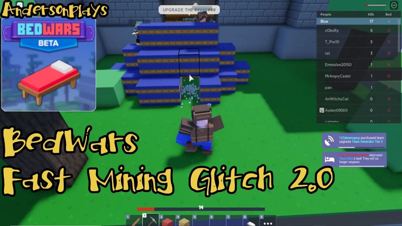 AndersonPlays Roblox BedWars 🛌🏹 - Fast Mining Glitch 2.0 & Drop Down Strategy