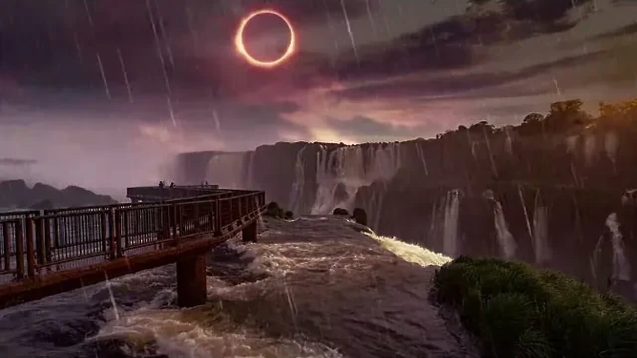 30 Minutes - Eclipse with Rain, Thunder Sounds With Many Waterfalls In View