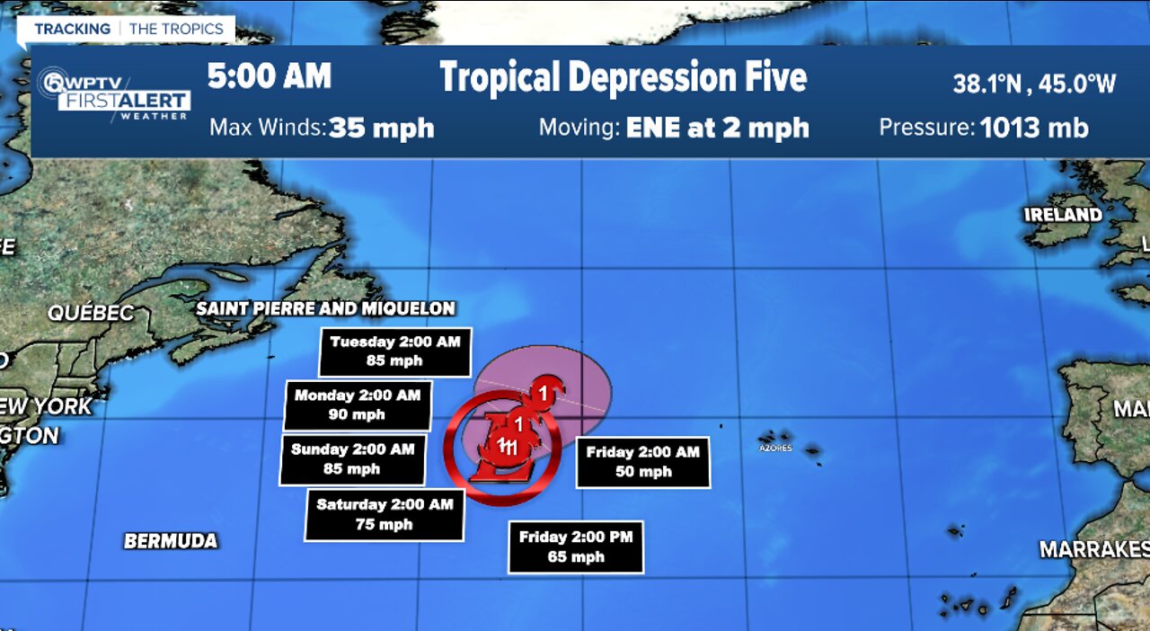 Tropical Depression 5 forms, two tropical waves also in Atlantic