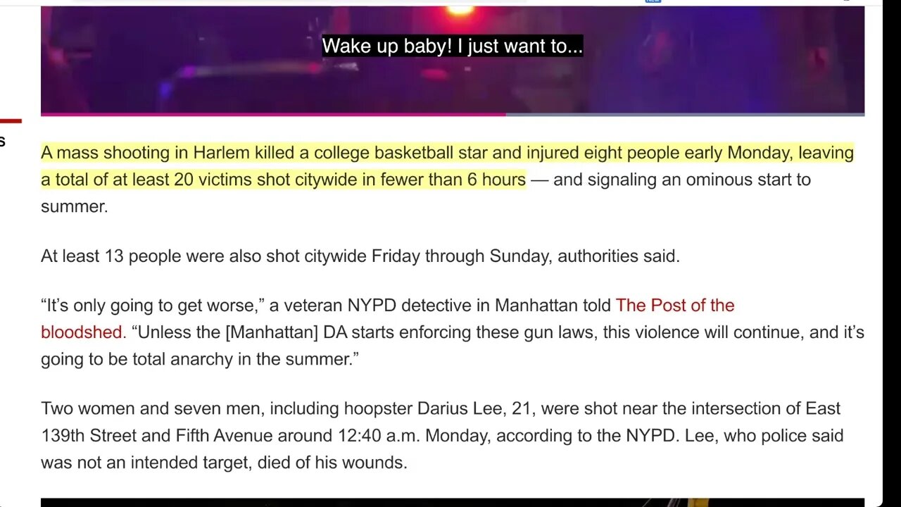 週一凌晨 12 點 40 分，哈萊姆區發生大規模槍擊事件，造成一名大學籃球明星死亡，八人受傷。 在不到 6 小時的時間裡，在全市範圍內至少有 20 名受害者被槍殺