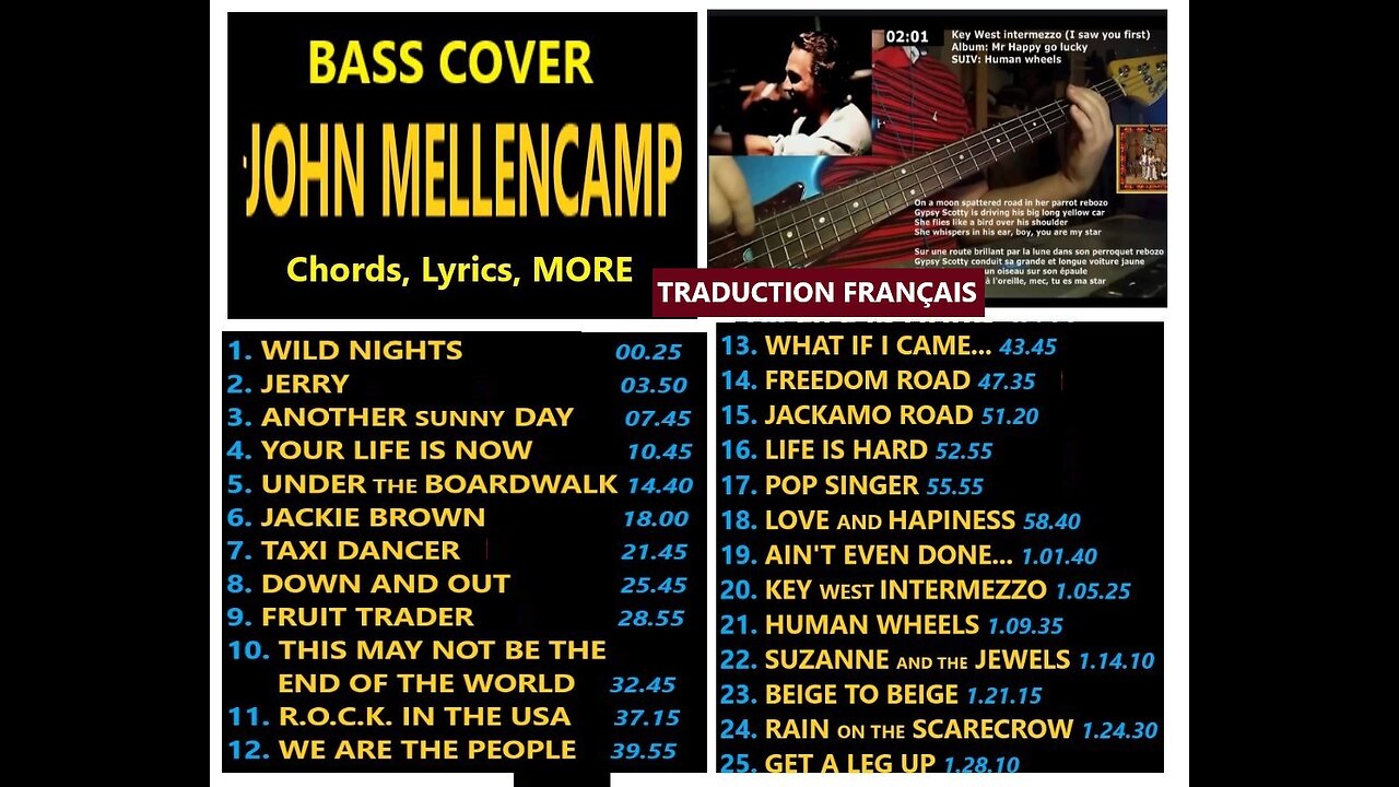 Bass cover JOHN MELLENCAMP 25 songs SEE OTHER COMPIL. _ Chords, Lyrics (FRAN.), Videos