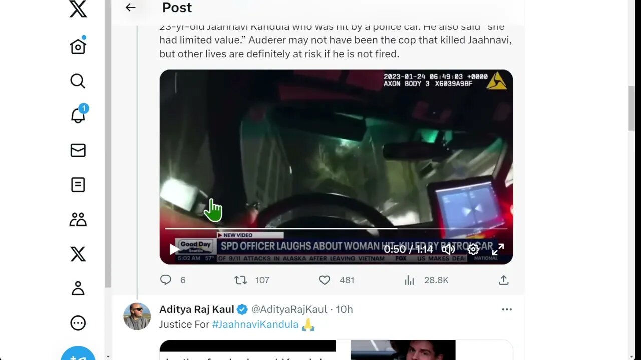 🟢 視頻中,警官 Daniel Auderer 對 23 歲的 Jaahnavi Kandula 被警車撞死的事件大笑。 他還說“她的價值有限。”