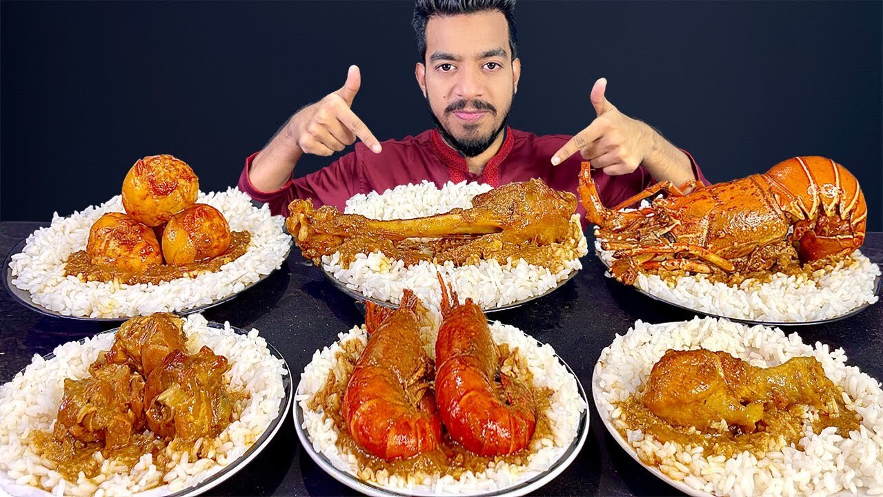 ASMR MUKBANG | MUTTON CURRY, PRAWN CURRY, GIANT LOBSTER,CHICKEN LEG PIECE,EGG CURRY ASMR EATING SHOW