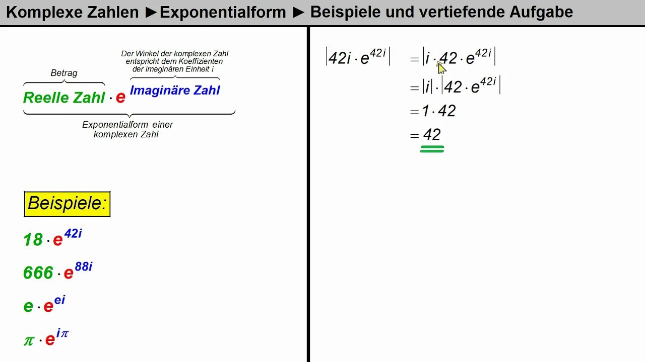 Komplexe Zahlen ► Exponentialform ► Übung und schwere Knobelaufgabe | 42·i · e^(42i) |