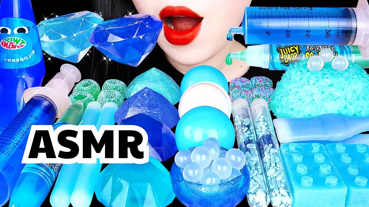 ASMR EAT BLUE DESSERT, TEAR JELLY, SNOBALLS, NIK-L-NIX WAX BOTTLE, KOHAKUTO