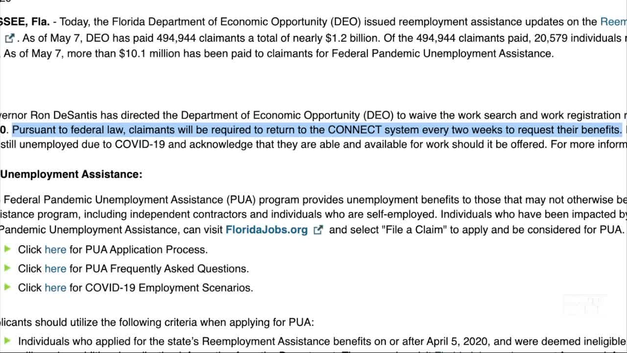 Florida DEO says you must log into CONNECT every two weeks to claim benefits