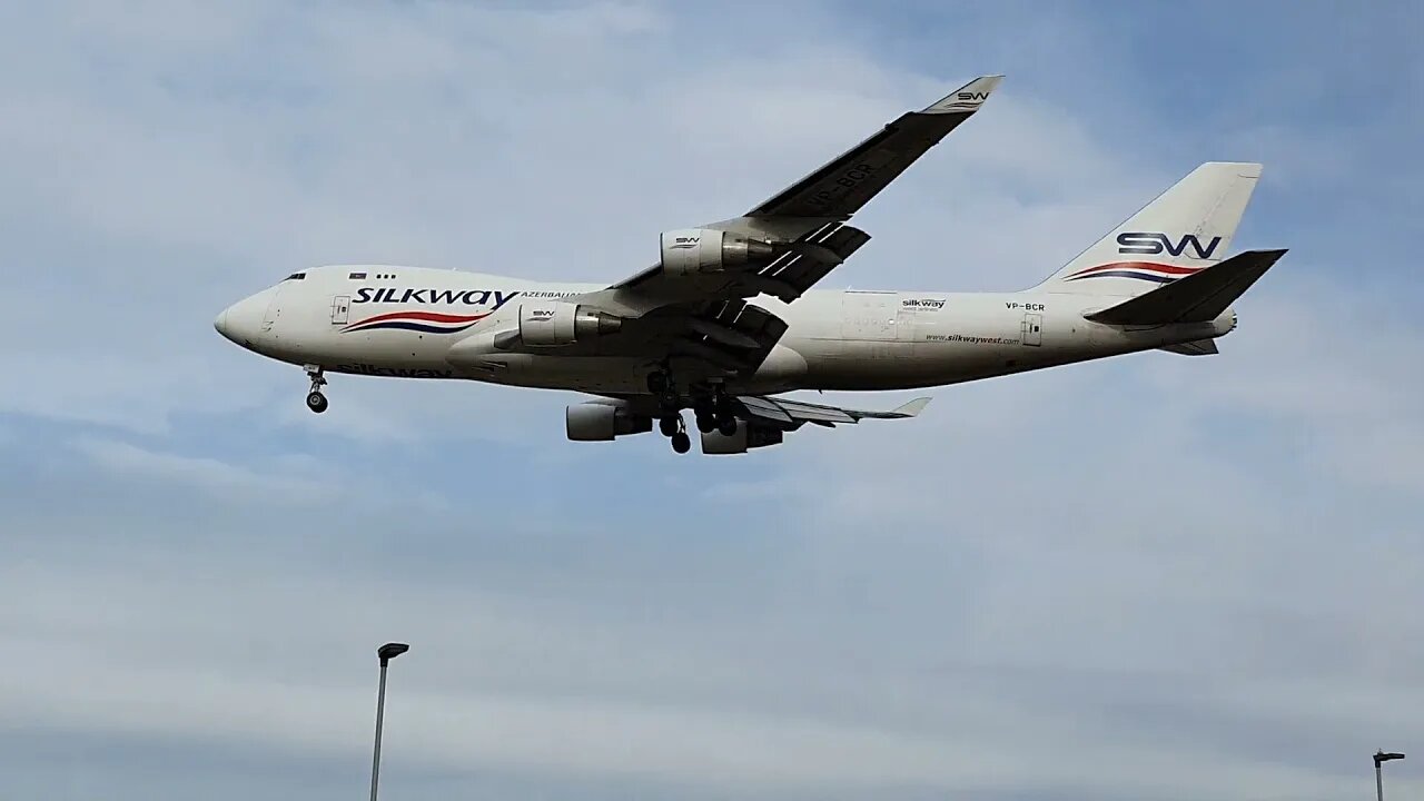 Very low B747, beautiful landing Silk Way West at LHR London Heathrow Airport UK. Plane Spotting