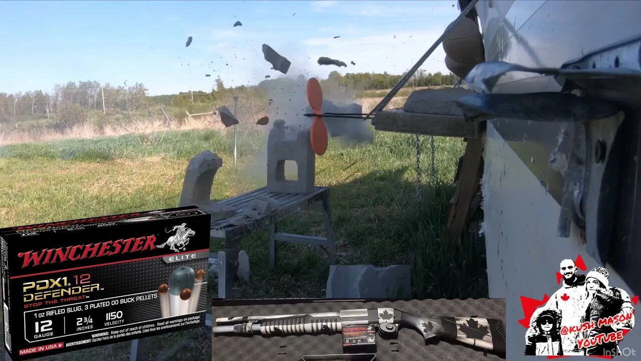 12 gauge defender PDX1 vs slug vs buckshot against cinder blocks