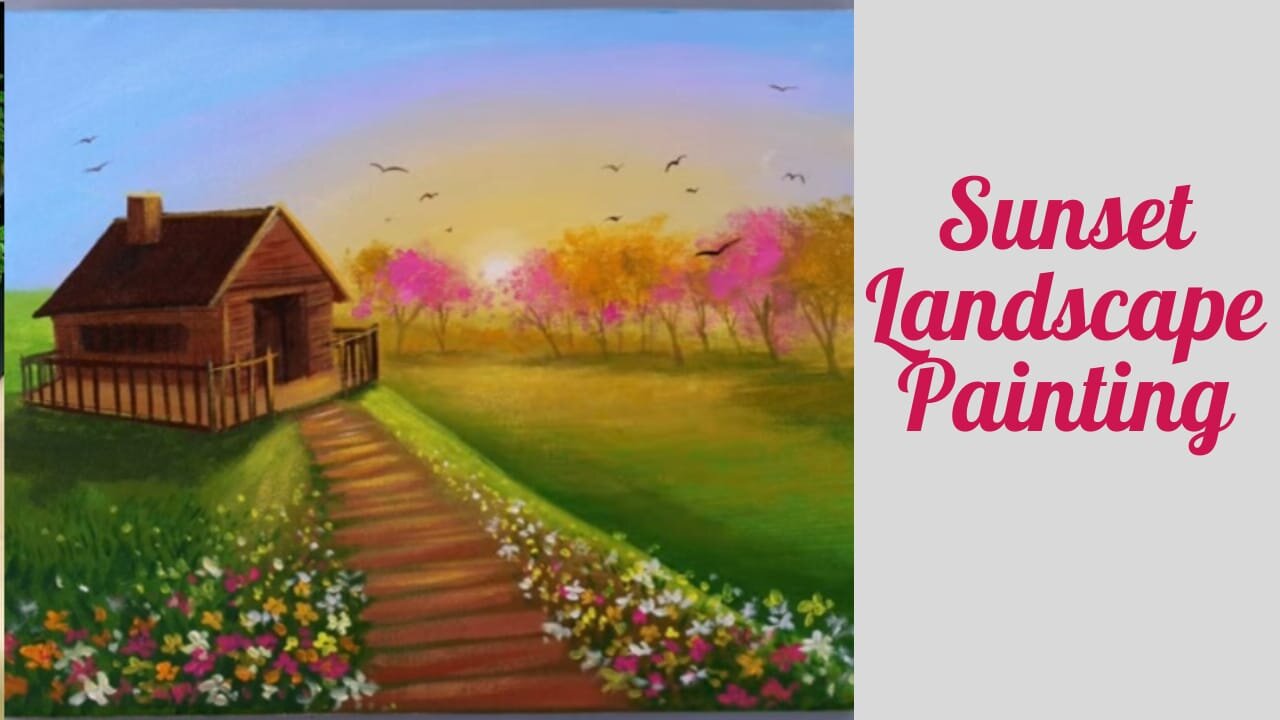 Sunset Landscape Painting | Scenery painting Easy For Beginners