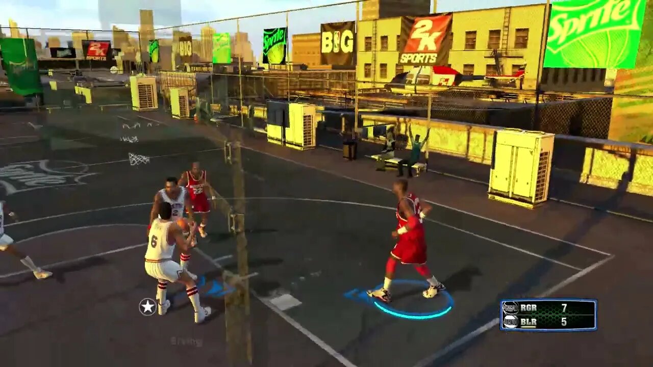 3 on 3: Hakeem Olajuwon, Clyde Drexler and Kenny Smith vs Moses Malone, Doctor J. and Andrew Toney