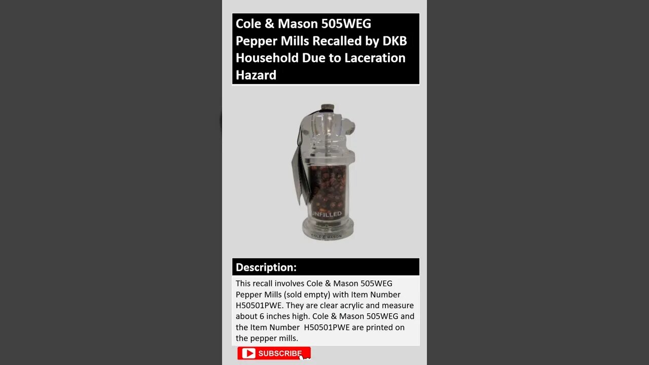 Cole & Mason 505WEG Pepper Mills Recalled by DKB Household Due to Laceration Hazard