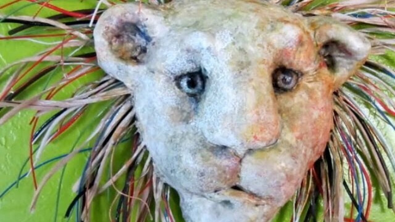 Paper Mache Lion Display Mask, with Wire Mane